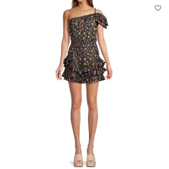 Poupette St Barth Kaia Heart One Shoulder Mini Dress in Black Multi NWT - Picture 1 of 10